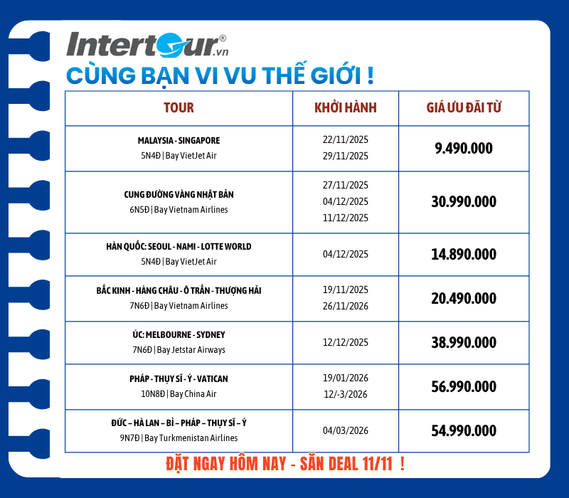Ưu đãi du lịch 11/11 hấp dẫn tại Intertour - Nhanh tay đặt tour ngay Ưu đãi 11/11 - Cơ hội du lịch giá tốt không thể bỏ lỡ cùng Intertour!